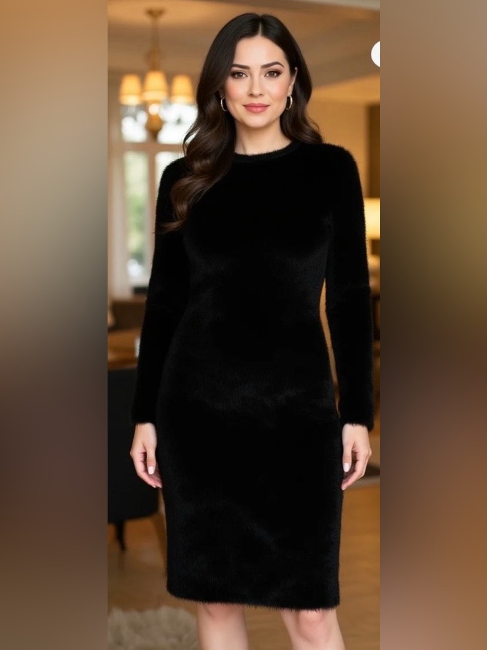 Black Fuzzy Long-Sleeve Women's Dress - Picture 2 of 12
